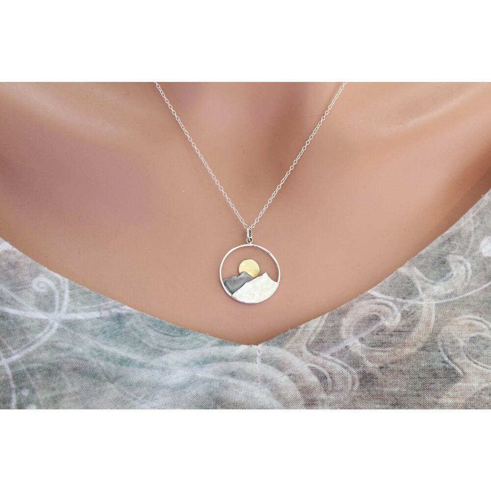 Large Sterling Silver Mountain Sunset Pendant with Bronze Sun